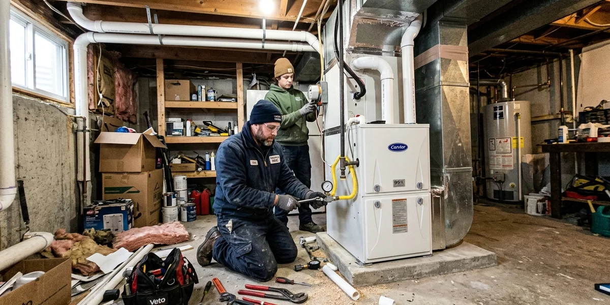 New high-efficiency furnace installed with PVC venting and sealed plenum transitions
