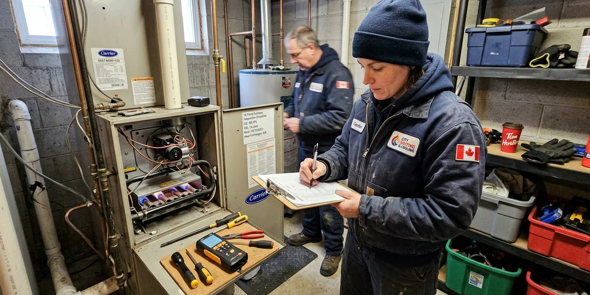 Technician recording combustion readings on a 12-point furnace inspection checklist