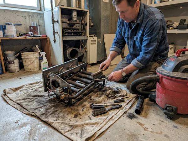 Burner assembly removed for cleaning during a tune-up