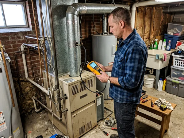 Combustion analyzer probe in the furnace flue showing efficiency and CO values