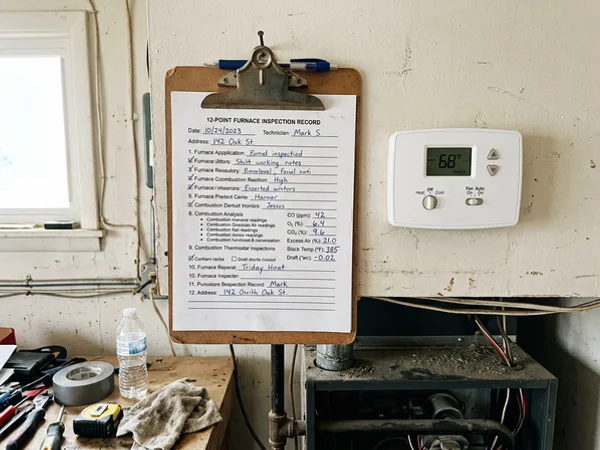 Completed inspection record with combustion readings