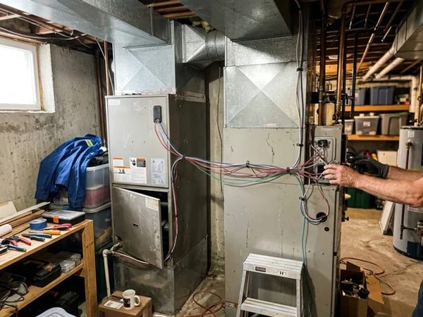 Dual-fuel hybrid system with heat pump air handler beside a gas furnace