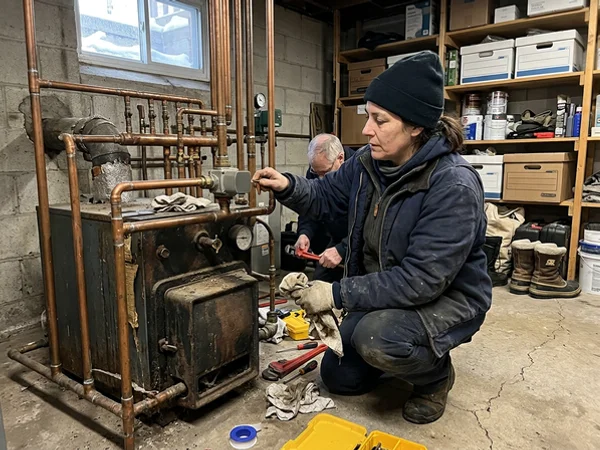 Cast-iron sectional boiler with hydronic piping being serviced