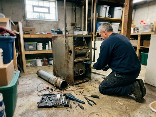 Old mid-efficiency furnace being removed