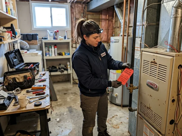 Out-of-service tag being attached to a furnace after an unsafe finding