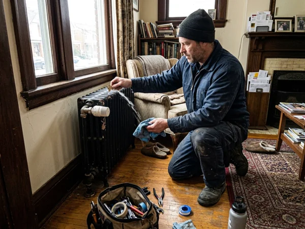 Cast-iron radiator being bled and balanced in a Toronto home