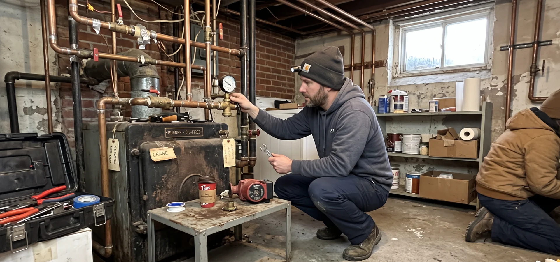 Technician checking pressure and circulator pump on a cast-iron boiler in an older Toronto basement