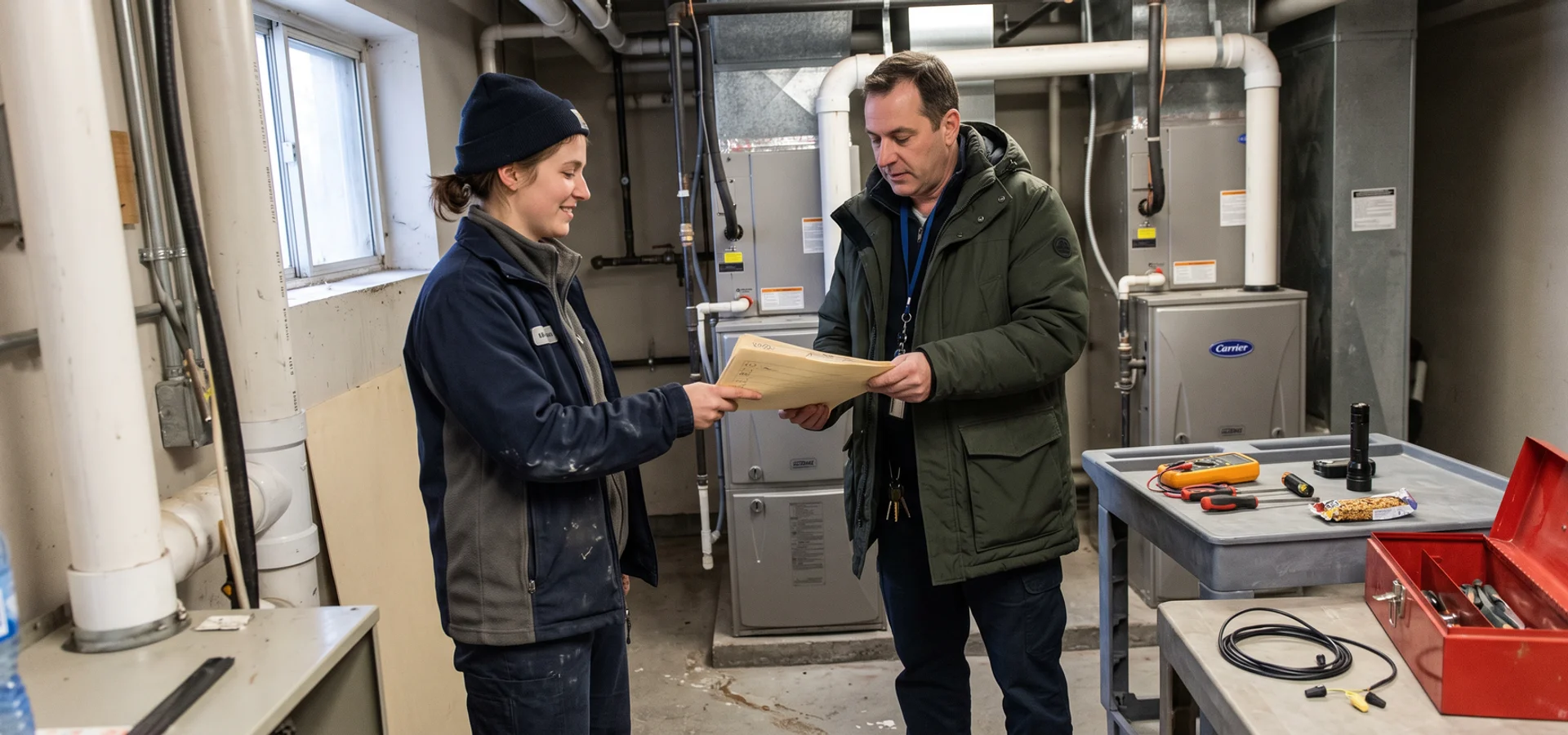 Technician handing over a signed annual furnace maintenance record in a Toronto mechanical room