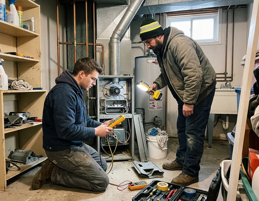 Technician using a digital manometer at an open furnace cabinet while a colleague holds a work light