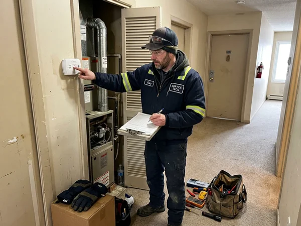 Carbon monoxide alarm being tested during a maintenance visit