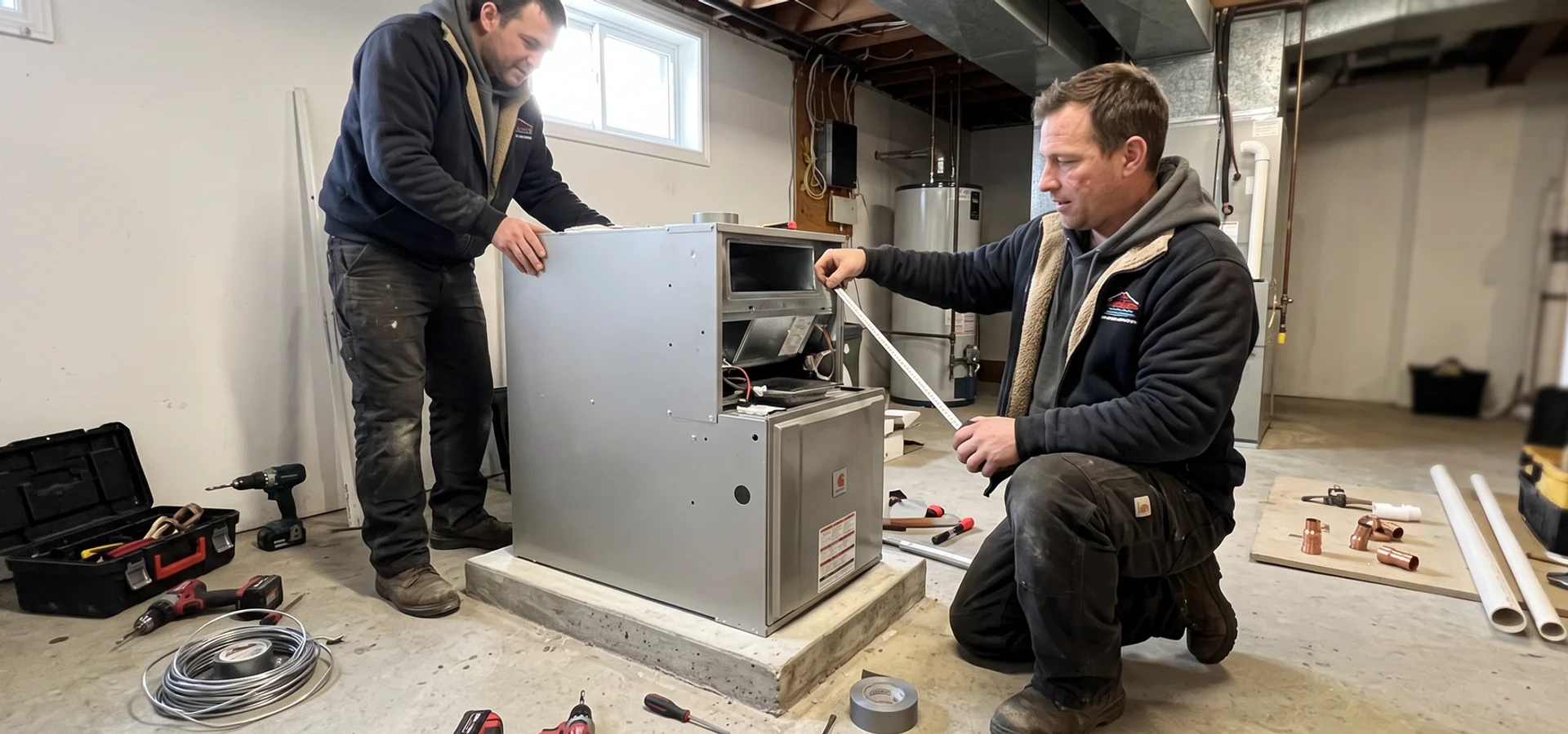 Technicians positioning and levelling a new gas furnace during installation in a Toronto basement