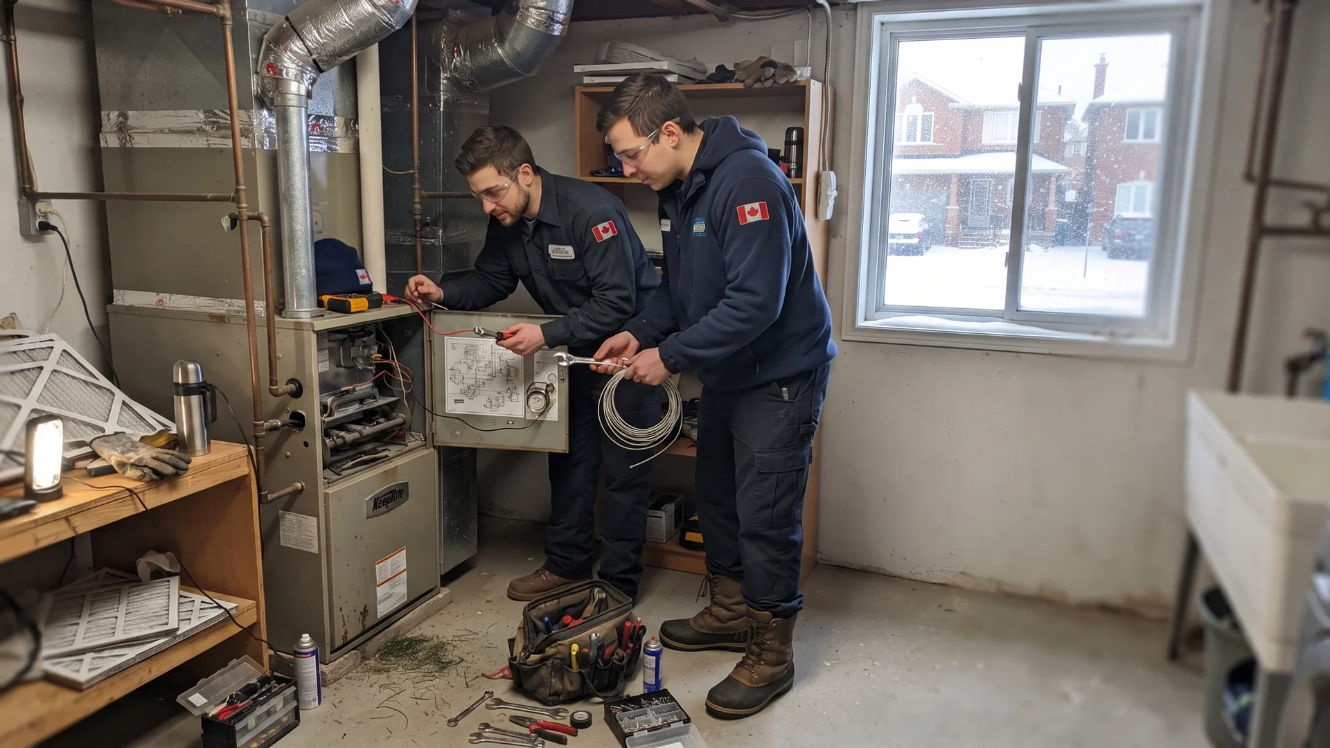 TSSA-licensed technicians servicing a gas furnace in a Toronto basement during winter
